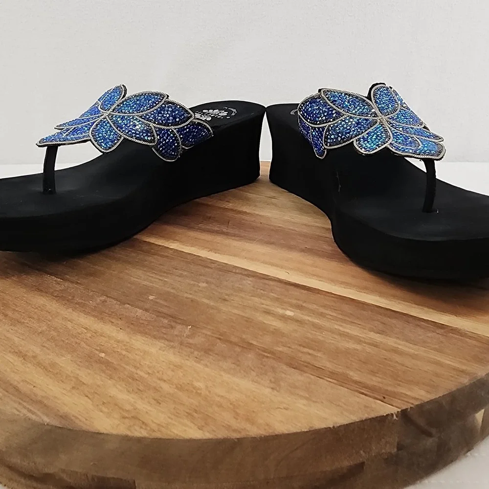 Yellow Box Platform Sandals Blue‎ Rhinestone Butterfly Thong Sandals Women's - Picture 3 of 7